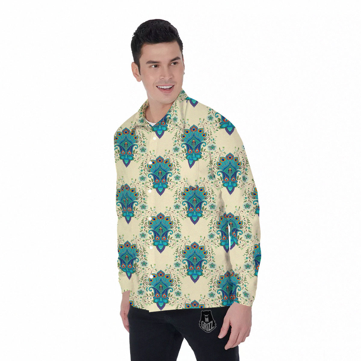 Peacock Feather Vintage Print Pattern Men's Long Sleeve Shirts-grizzshop