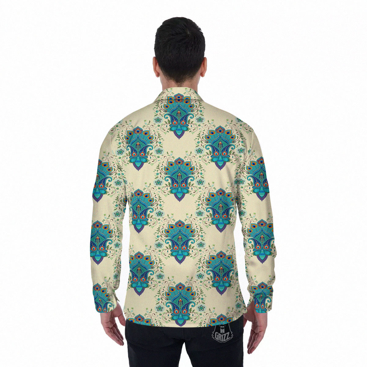 Peacock Feather Vintage Print Pattern Men's Long Sleeve Shirts-grizzshop