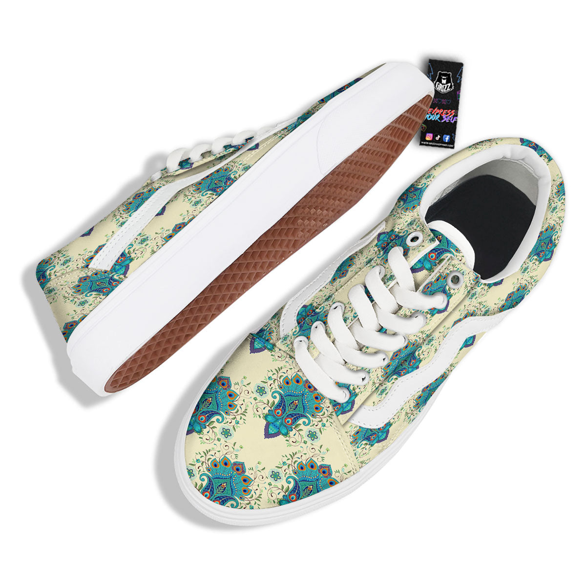 Peacock Feather Vintage Print Pattern Skate Shoes-grizzshop