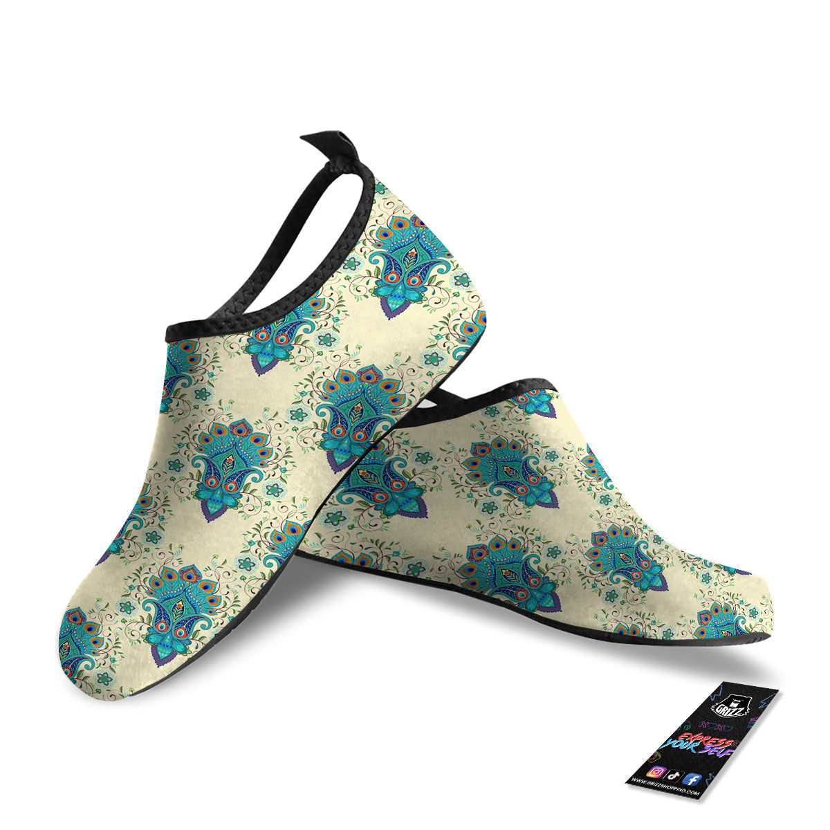Peacock Feather Vintage Print Pattern Water Shoes-grizzshop