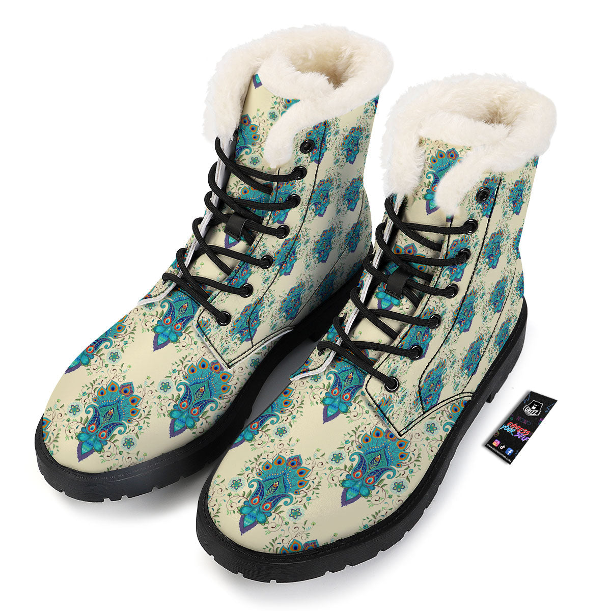 Peacock Feather Vintage Print Pattern Winter Boots-grizzshop