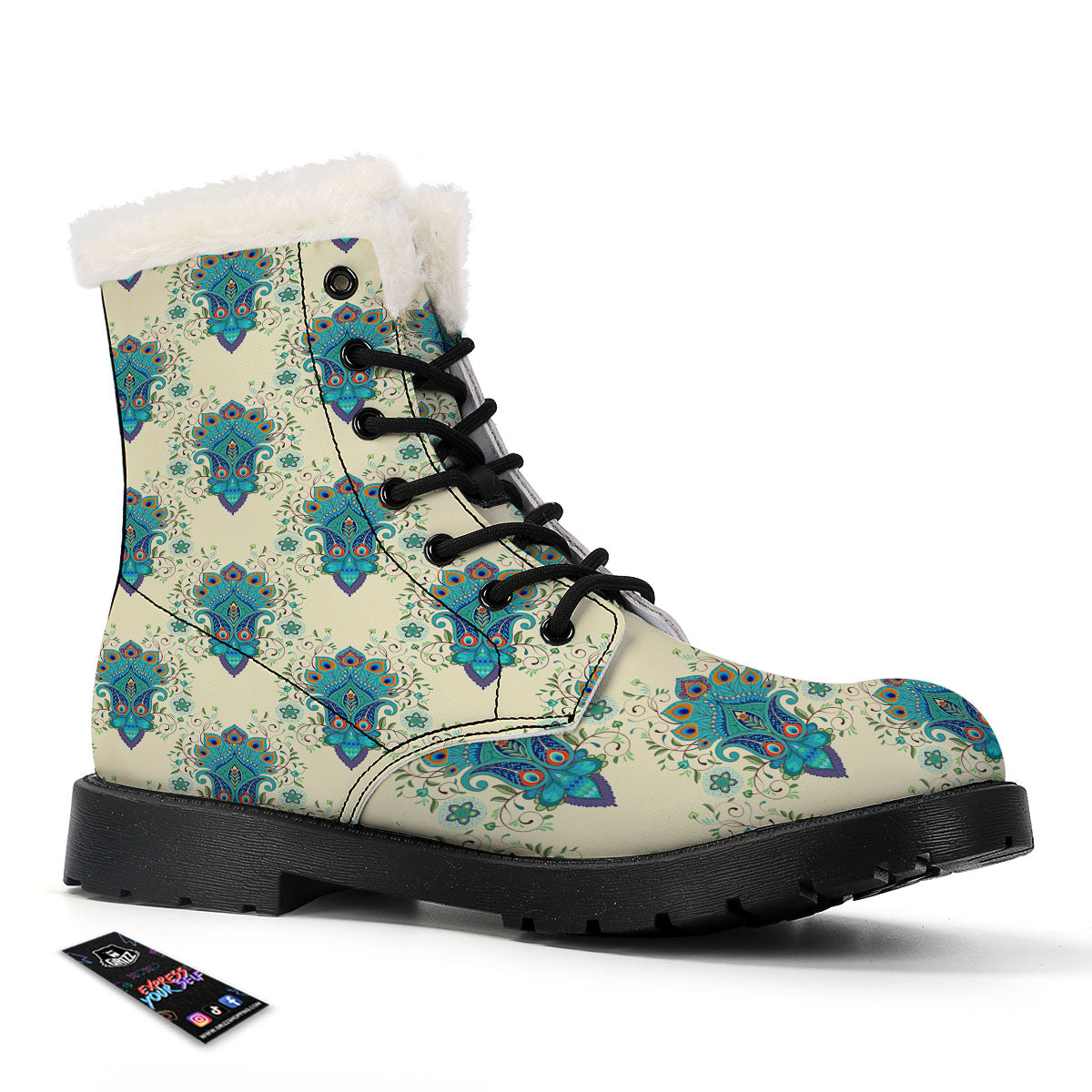 Peacock Feather Vintage Print Pattern Winter Boots-grizzshop