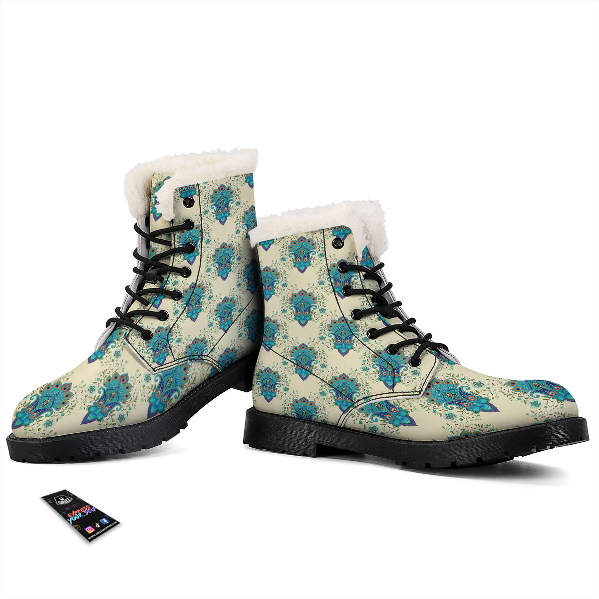 Peacock Feather Vintage Print Pattern Winter Boots-grizzshop