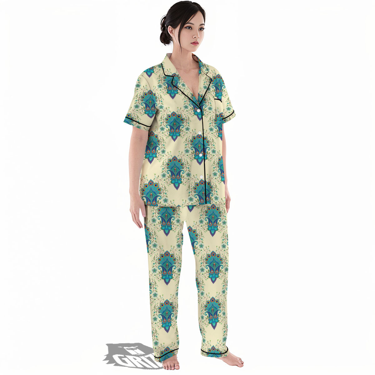 Peacock Feather Vintage Print Pattern Women's Pajamas Set-grizzshop