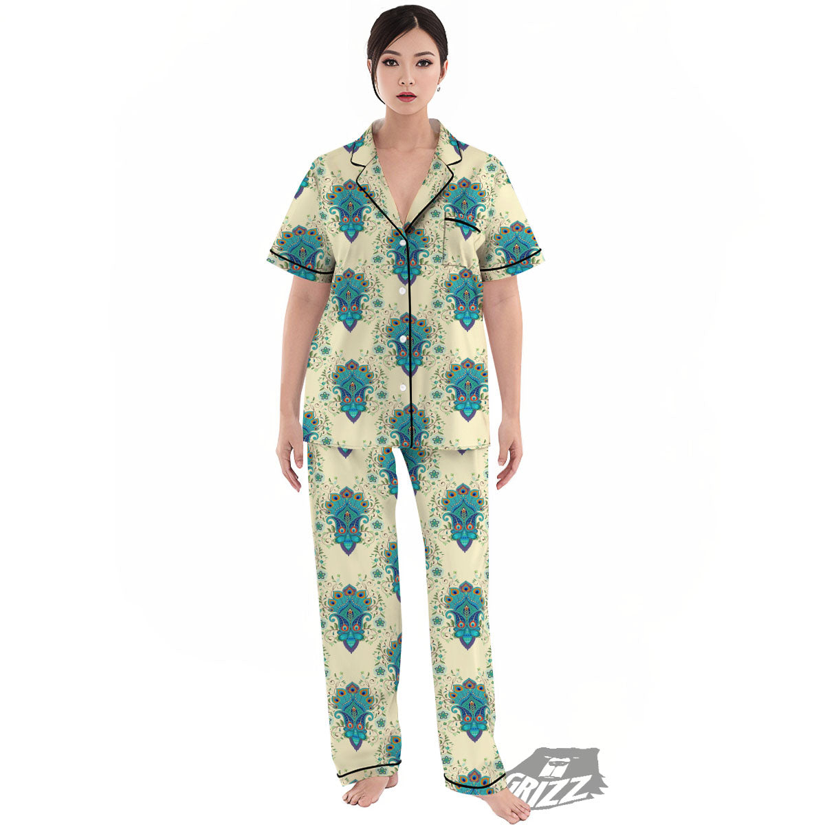 Peacock Feather Vintage Print Pattern Women's Pajamas Set-grizzshop