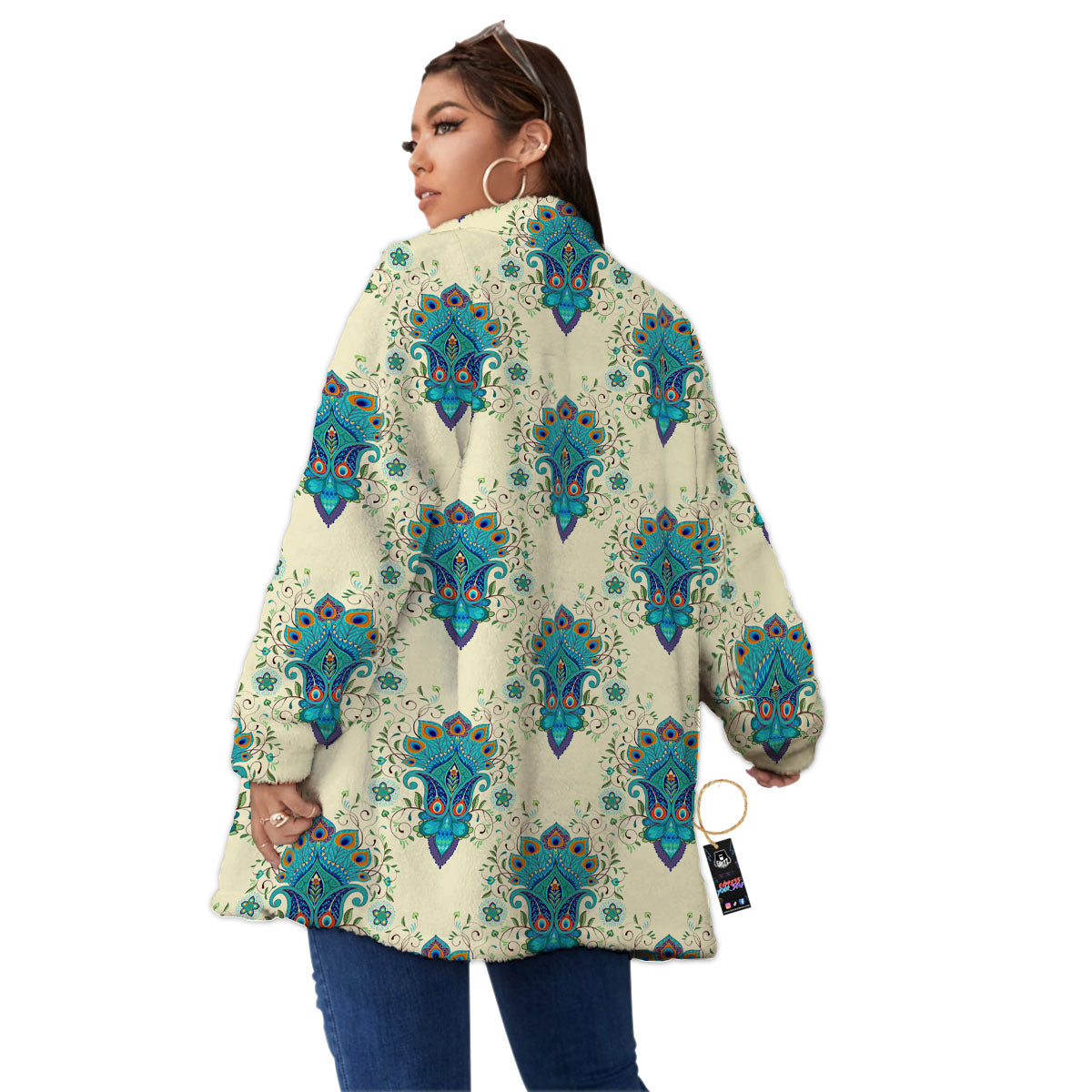 Peacock Feather Vintage Print Pattern Women's Sherpa Jacket-grizzshop