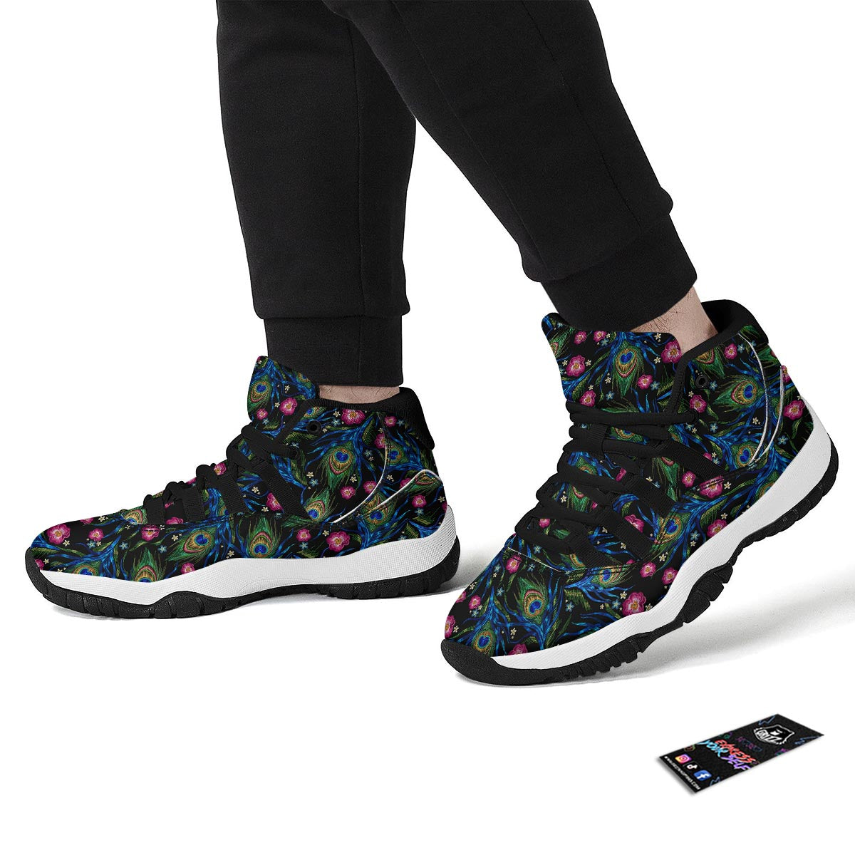 Peacock Rose Feather Pattern Print Black Bball Shoes-grizzshop