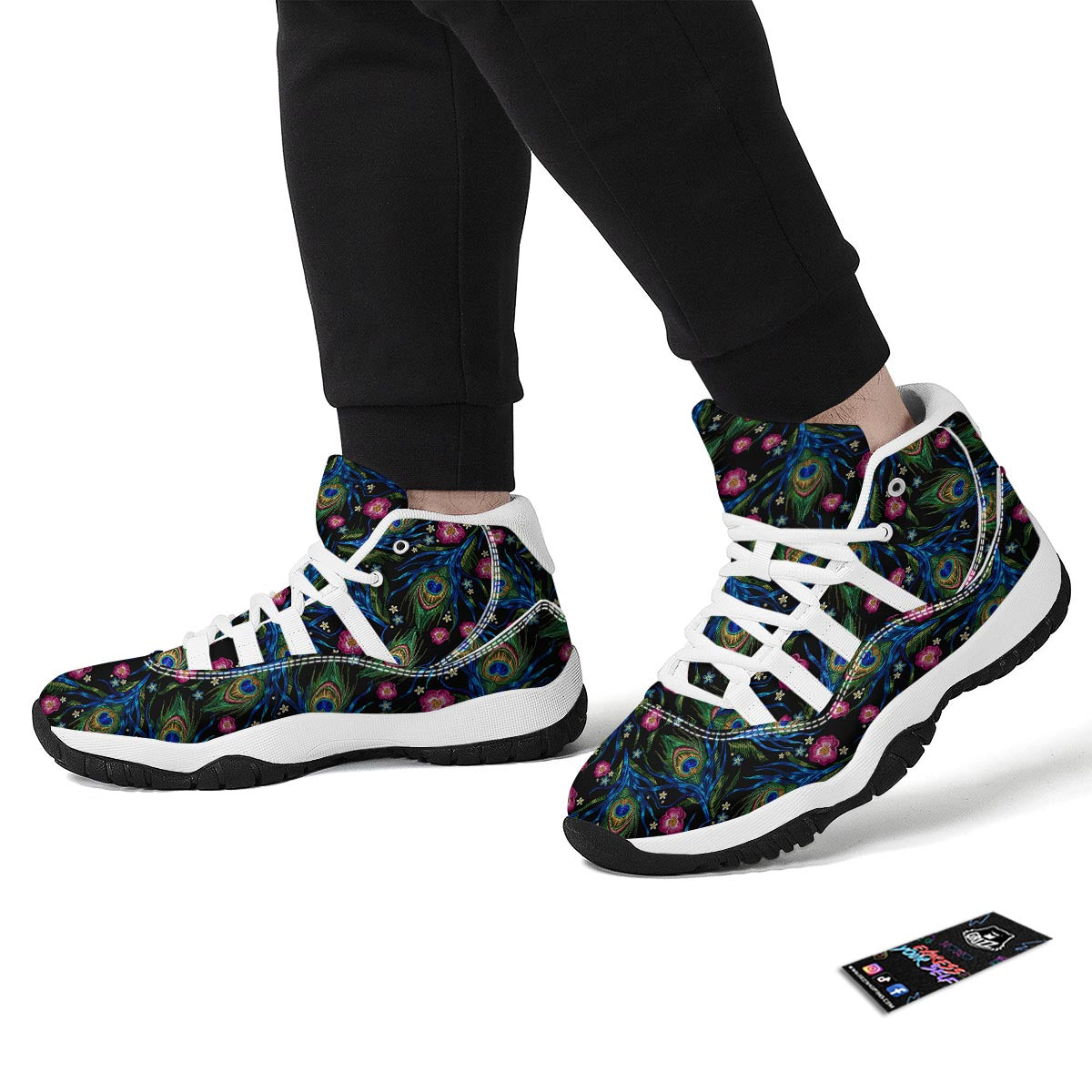 Peacock Rose Feather Pattern Print White Bball Shoes-grizzshop