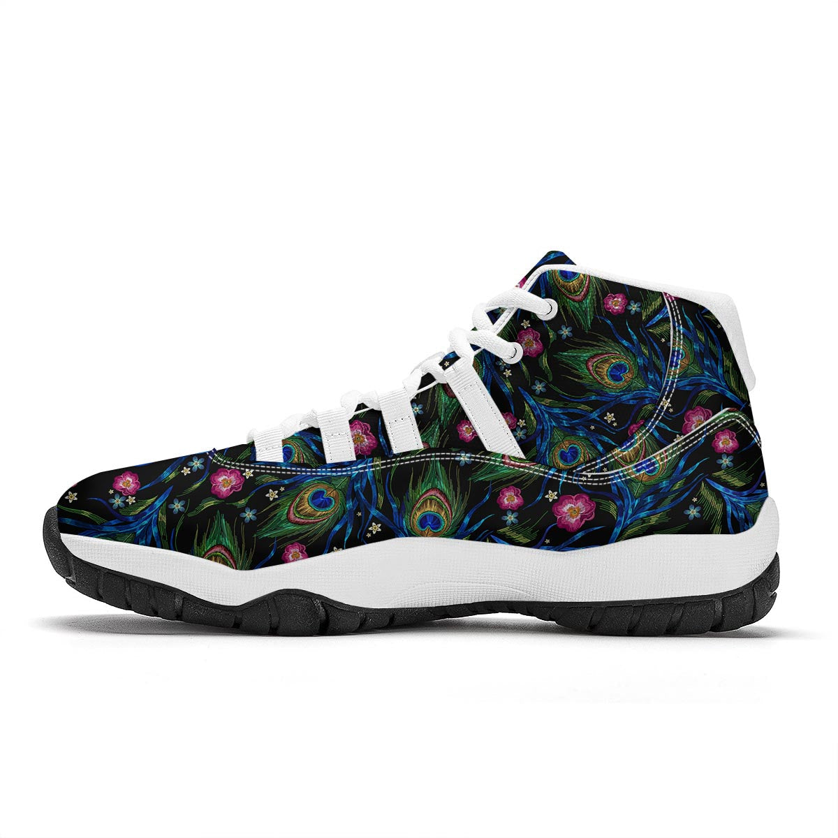 Peacock Rose Feather Pattern Print White Bball Shoes-grizzshop