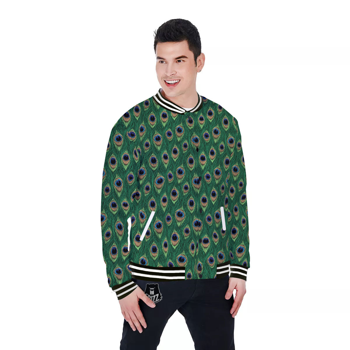 Peacock Tail Print Baseball Jacket-grizzshop