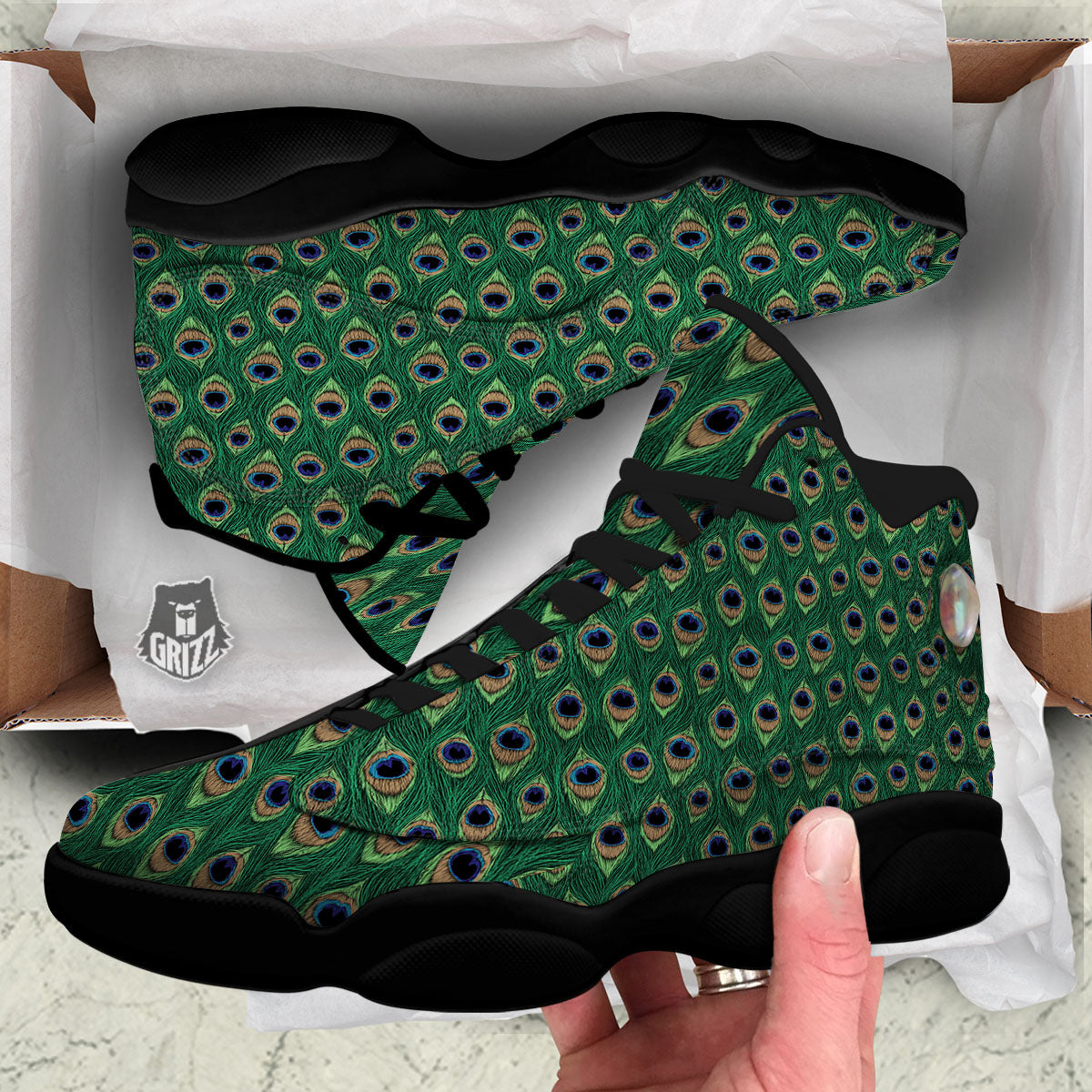 Peacock Tail Print Black Basketball Shoes-grizzshop