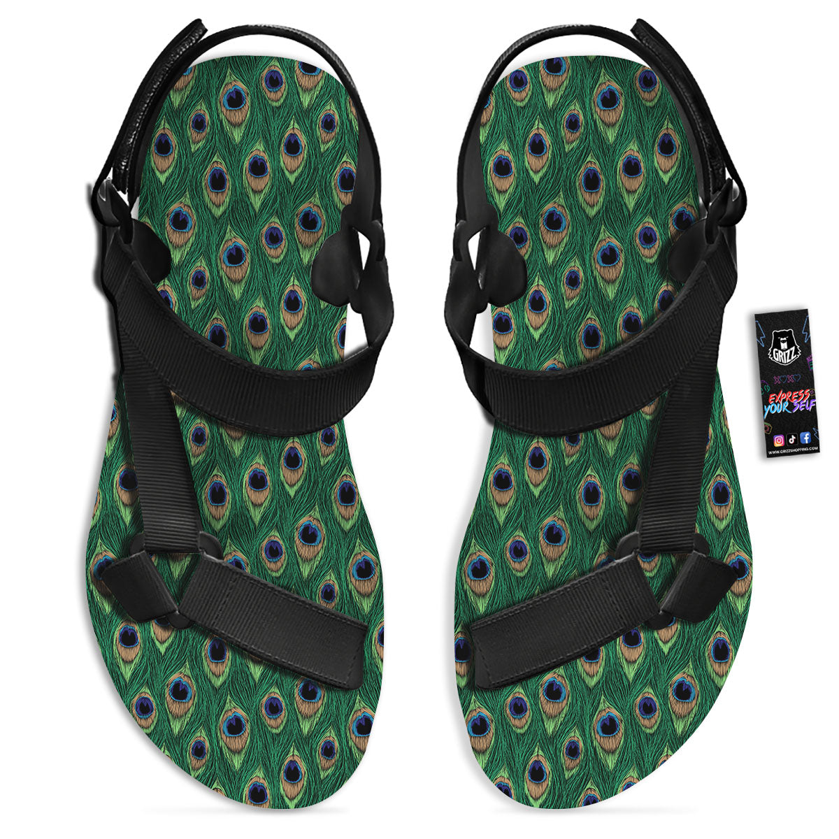 Peacock Tail Print Black Open Toe Sandals-grizzshop