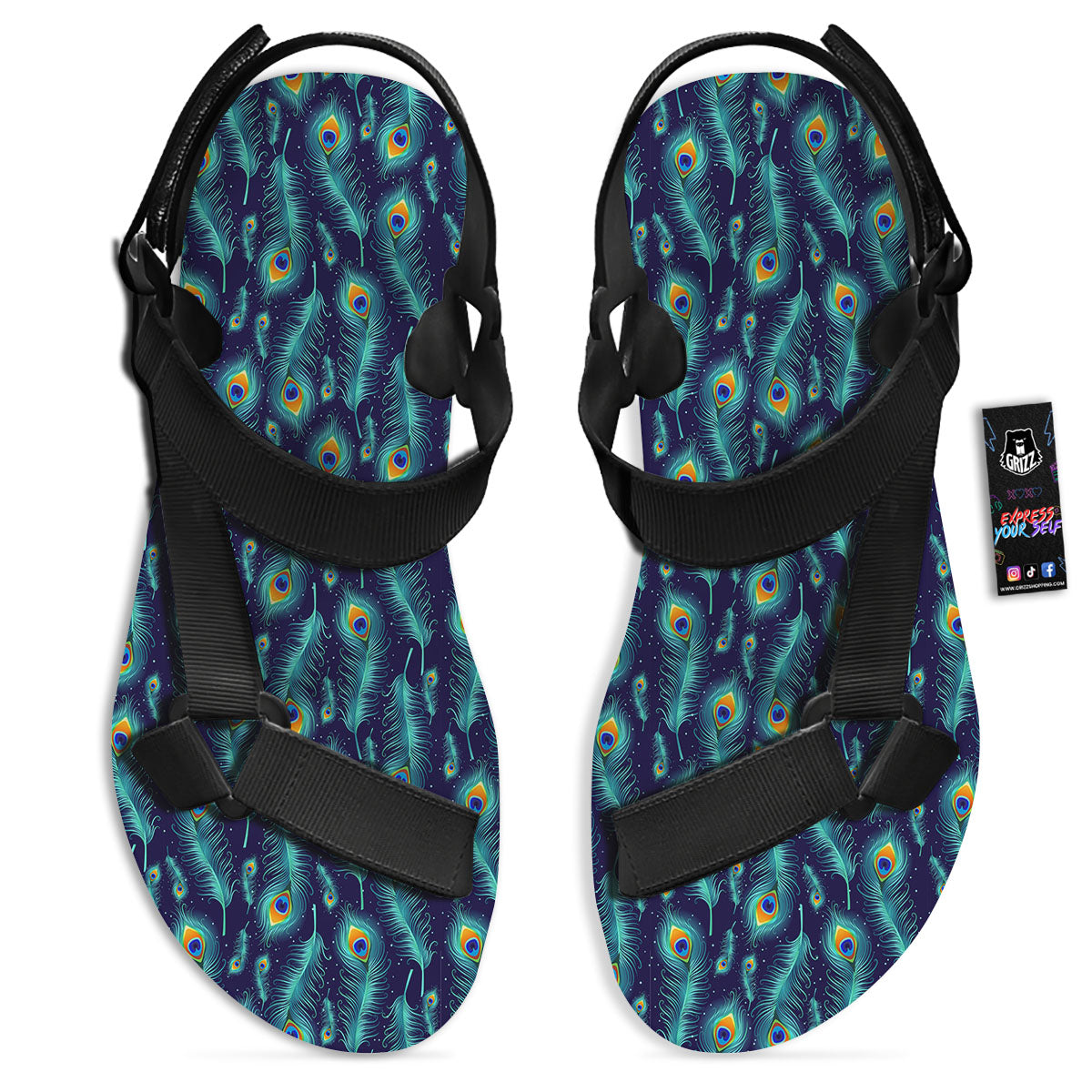 Peacock Tail Print Pattern Black Open Toe Sandals-grizzshop