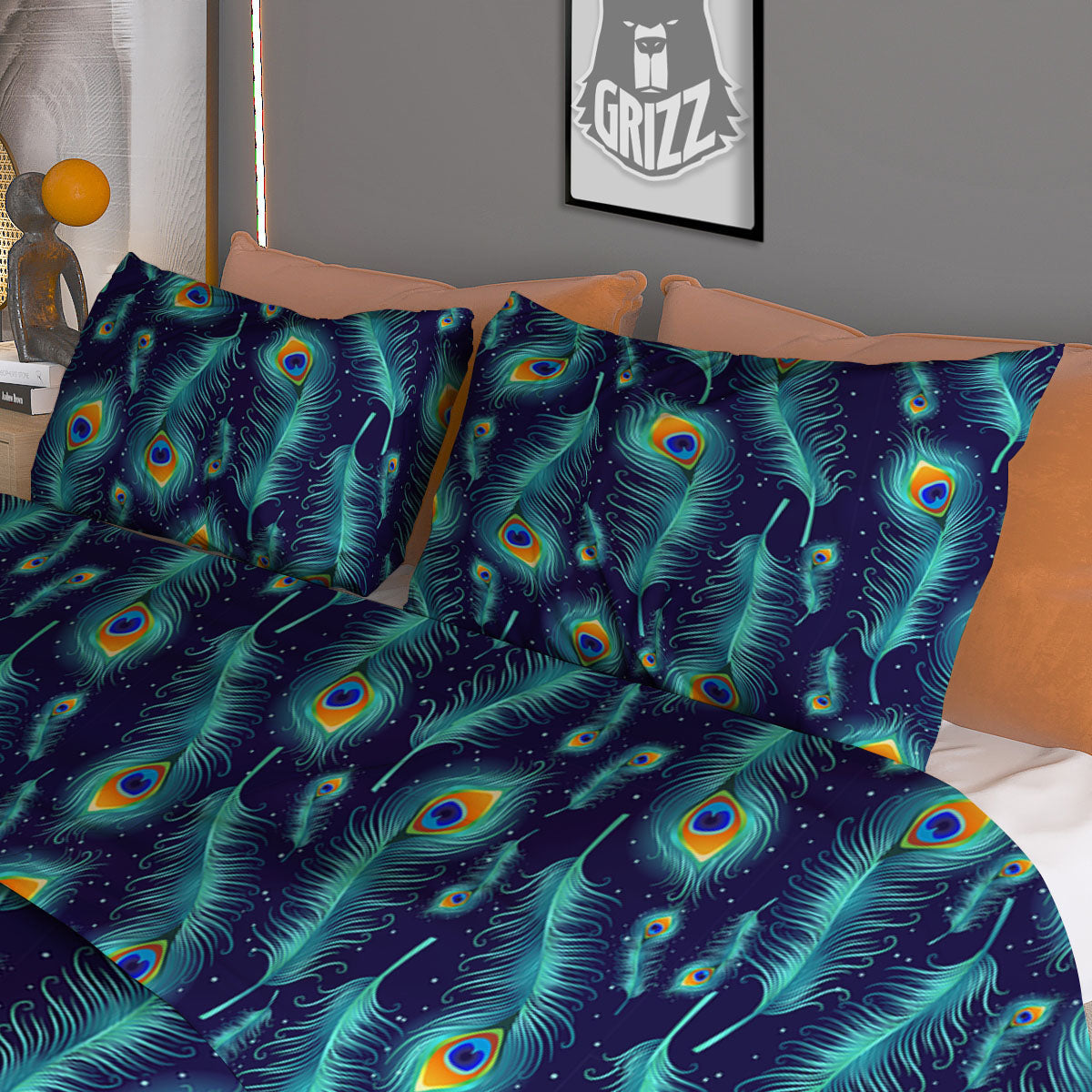 Peacock Tail Print Pattern Duvet Cover Bedding Set