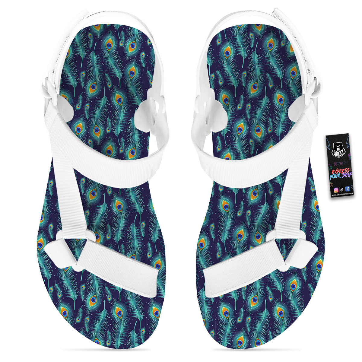 Peacock Tail Print Pattern White Open Toe Sandals-grizzshop