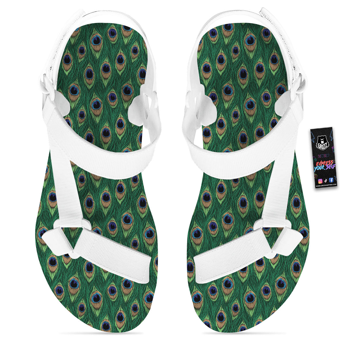 Peacock Tail Print White Open Toe Sandals-grizzshop