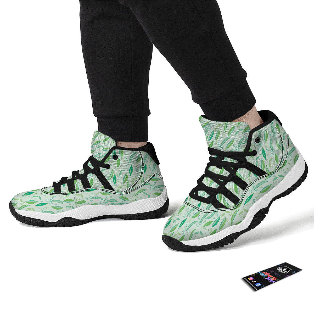 Peas Green Leaf Print Pattern Black Bball Shoes-grizzshop