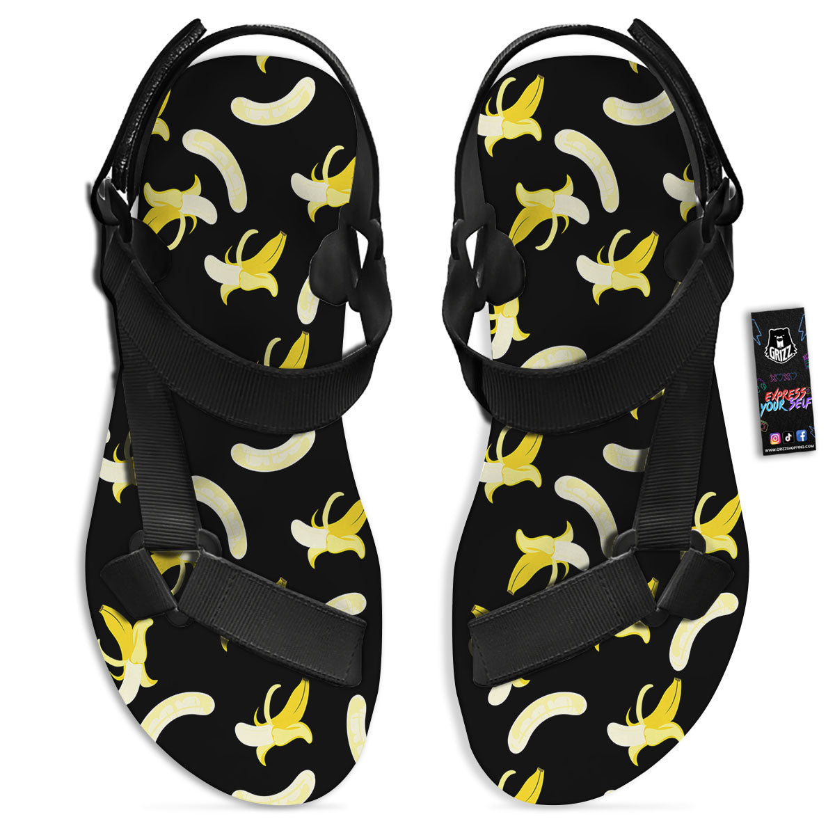 Peeled Banana Print Pattern Black Open Toe Sandals-grizzshop