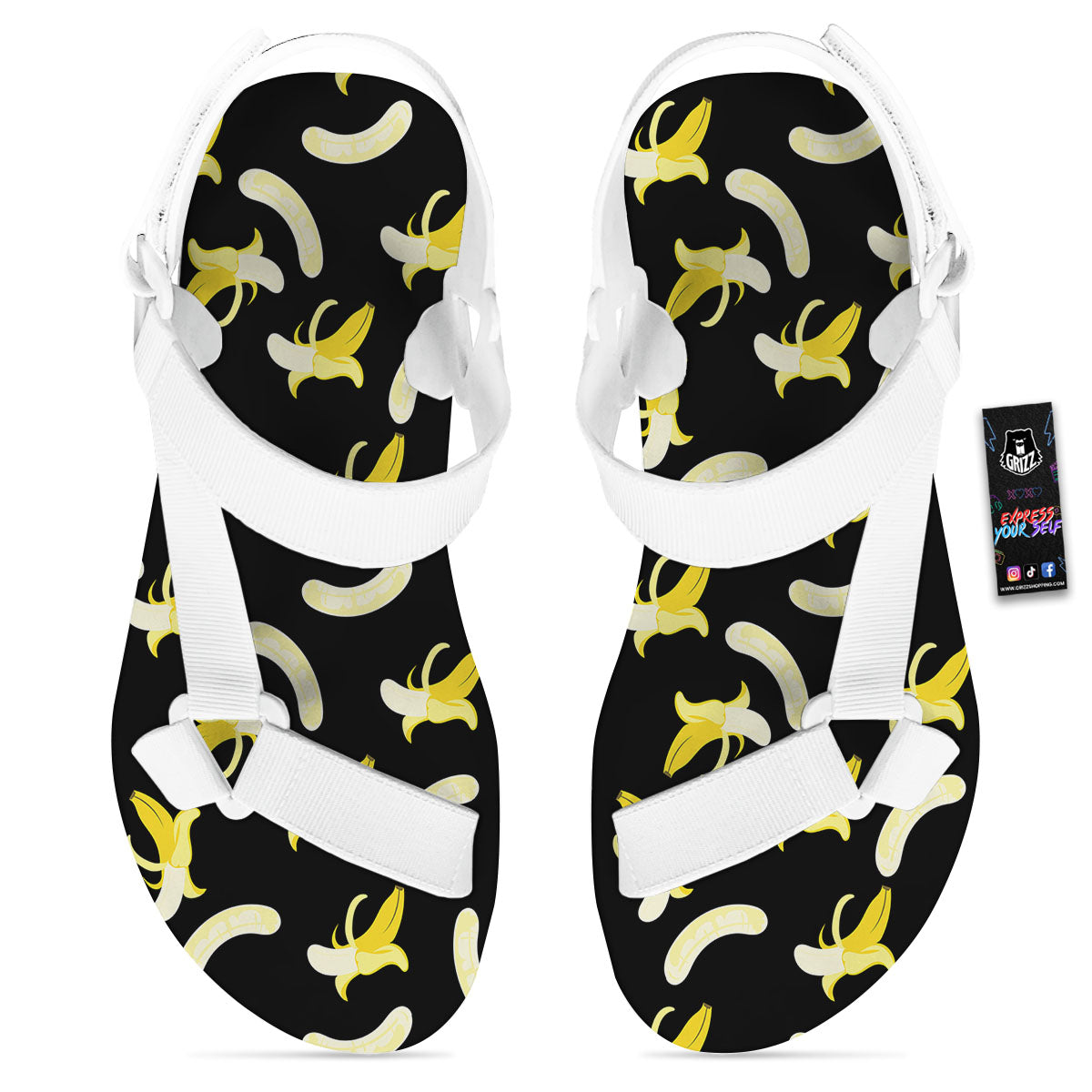 Peeled Banana Print Pattern White Open Toe Sandals-grizzshop