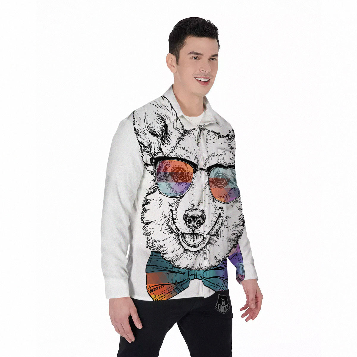 Pembroke Welsh Corgi Hipster Print Men's Long Sleeve Shirts-grizzshop