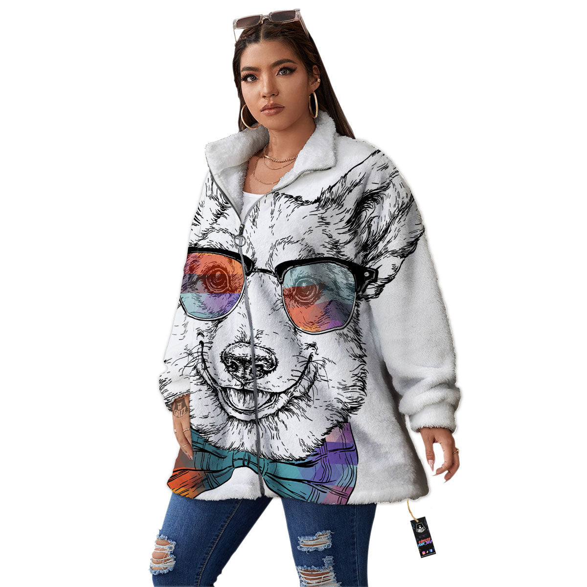 Pembroke Welsh Corgi Hipster Print Women's Sherpa Jacket-grizzshop