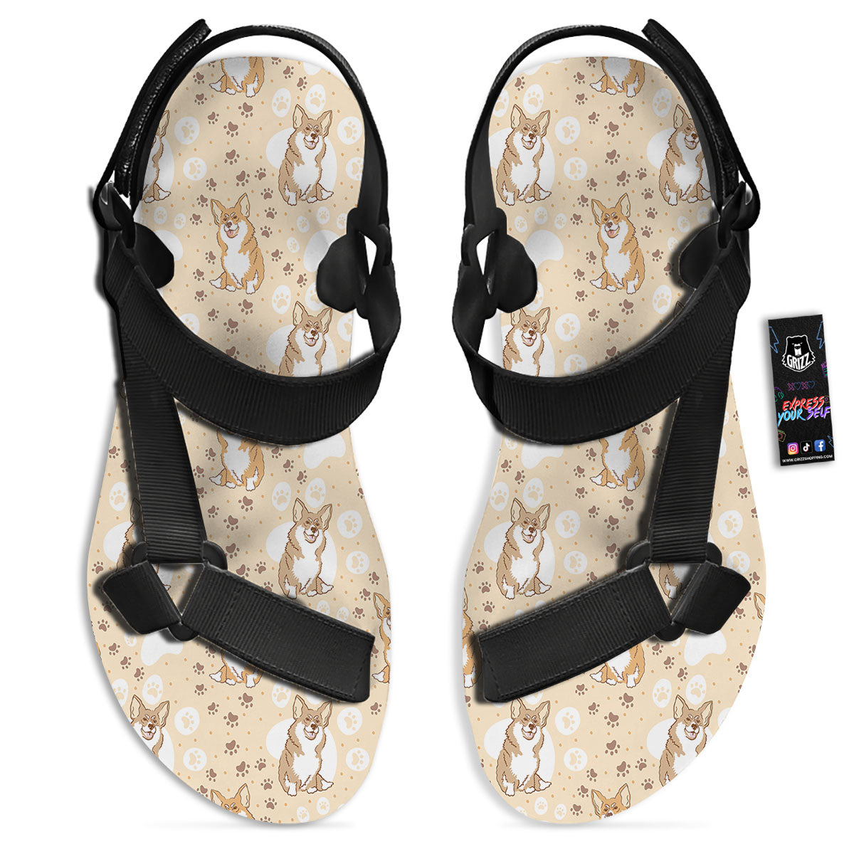 Pembroke Welsh Corgi Print Pattern Black Open Toe Sandals-grizzshop