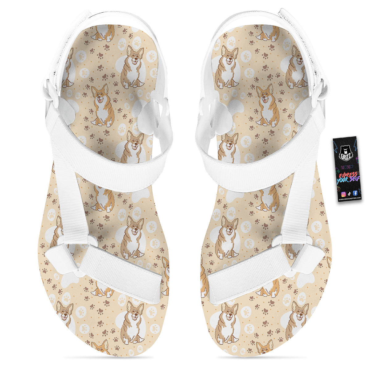 Pembroke Welsh Corgi Print Pattern White Open Toe Sandals-grizzshop