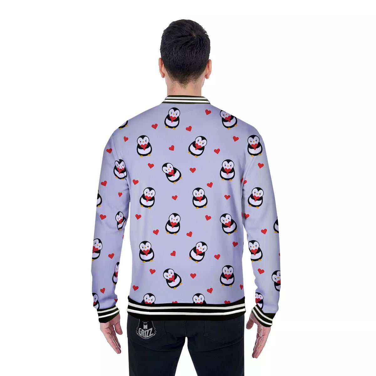 Penguin And Red Heart Print Pattern Baseball Jacket-grizzshop