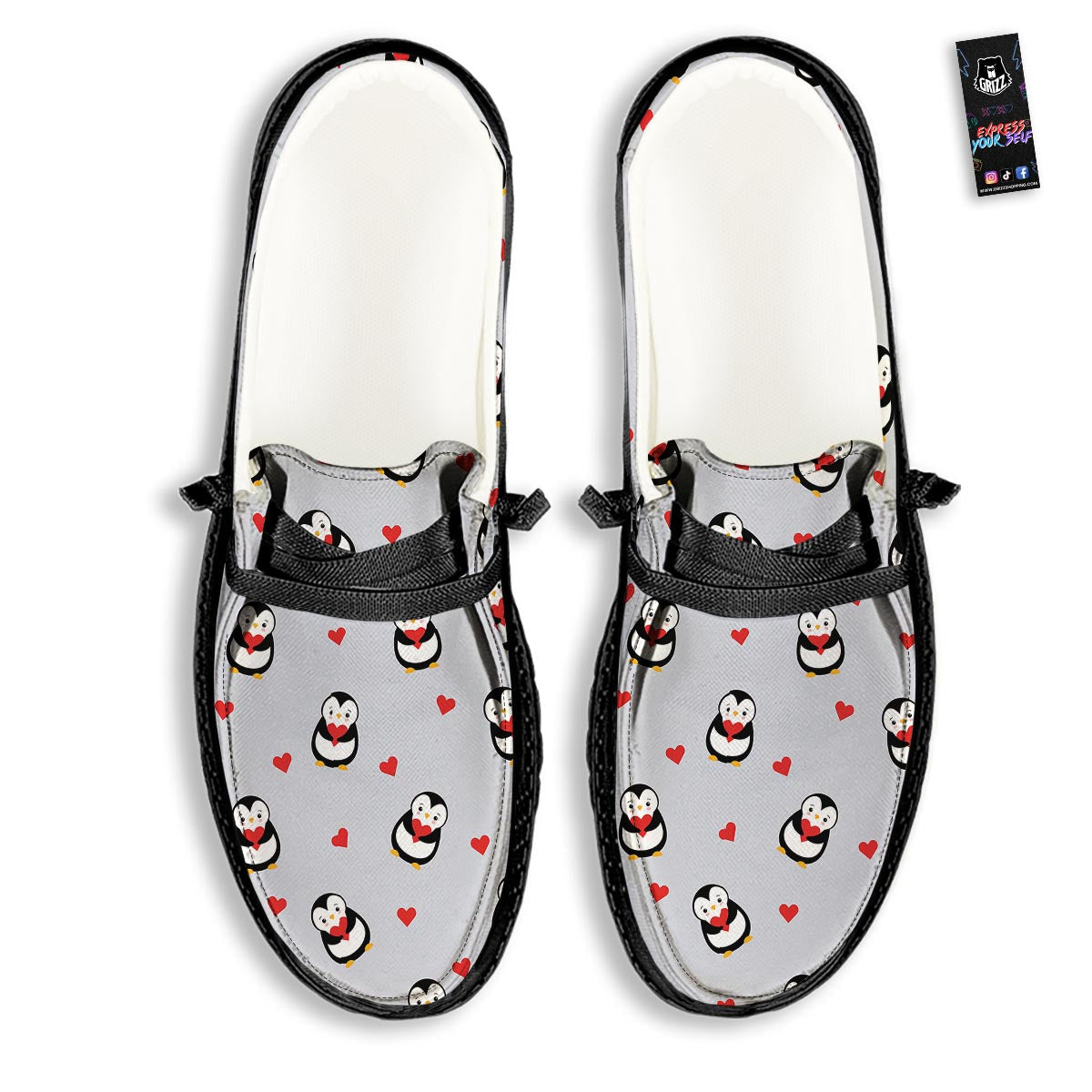 Penguin And Red Heart Print Pattern Black Loafers-grizzshop