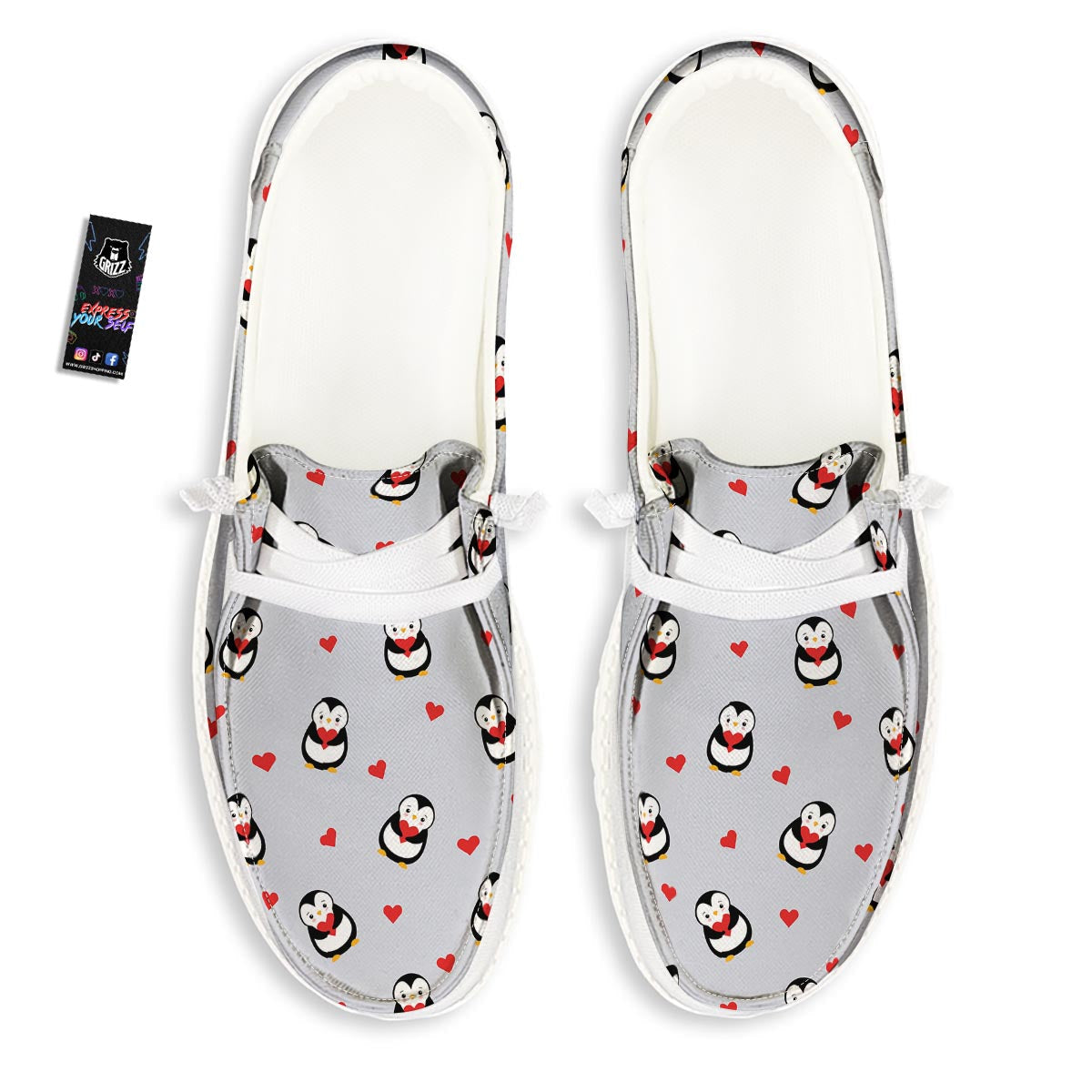 Penguin And Red Heart Print Pattern Black Loafers-grizzshop
