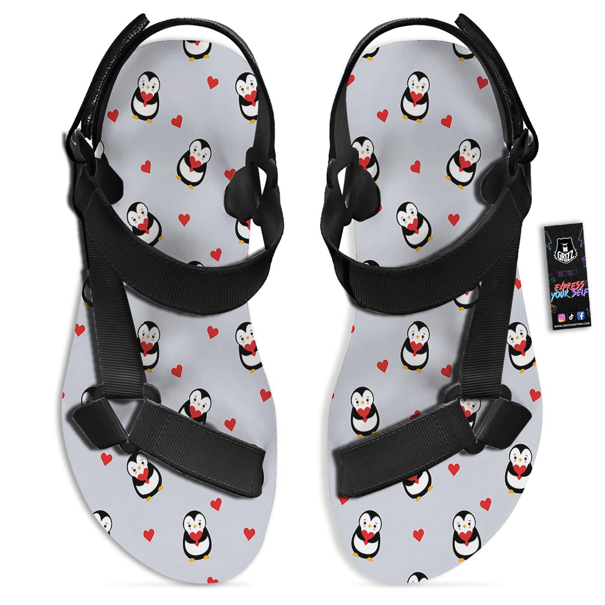 Penguin And Red Heart Print Pattern Black Open Toe Sandals-grizzshop