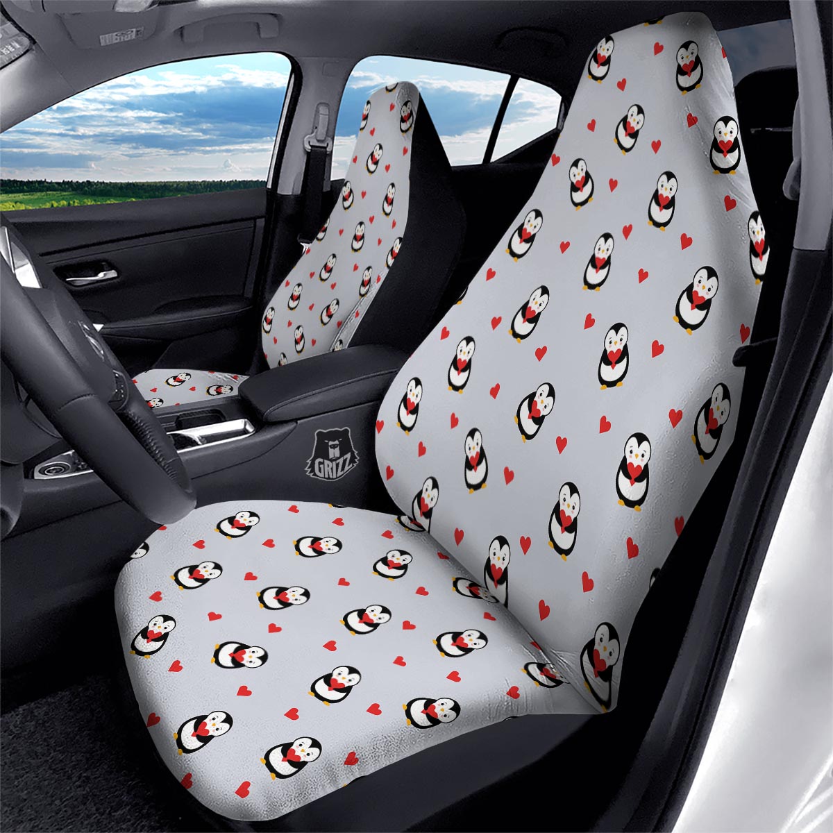 Penguin And Red Heart Print Pattern Car Seat Covers-grizzshop