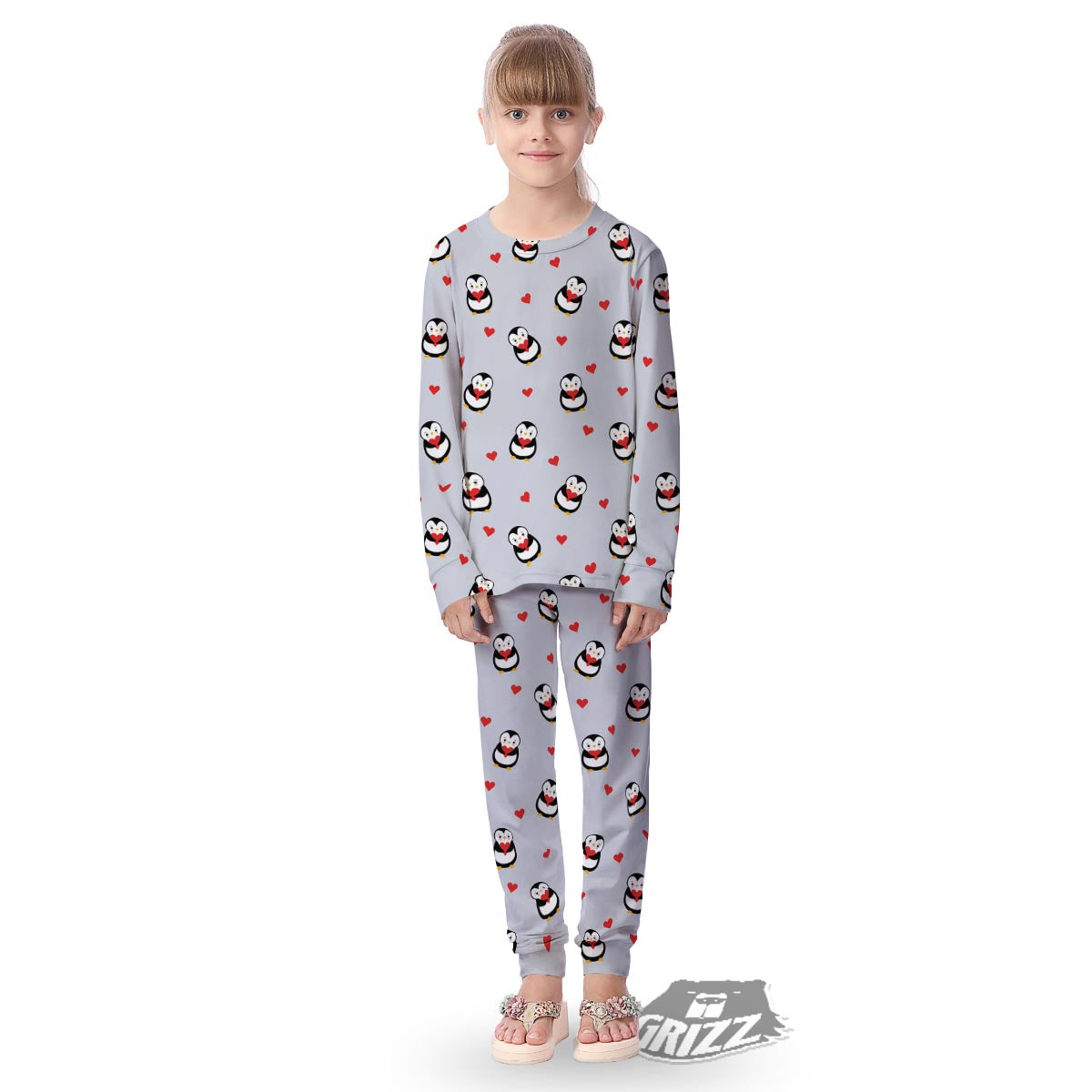 Penguin And Red Heart Print Pattern Kid's Pajamas-grizzshop
