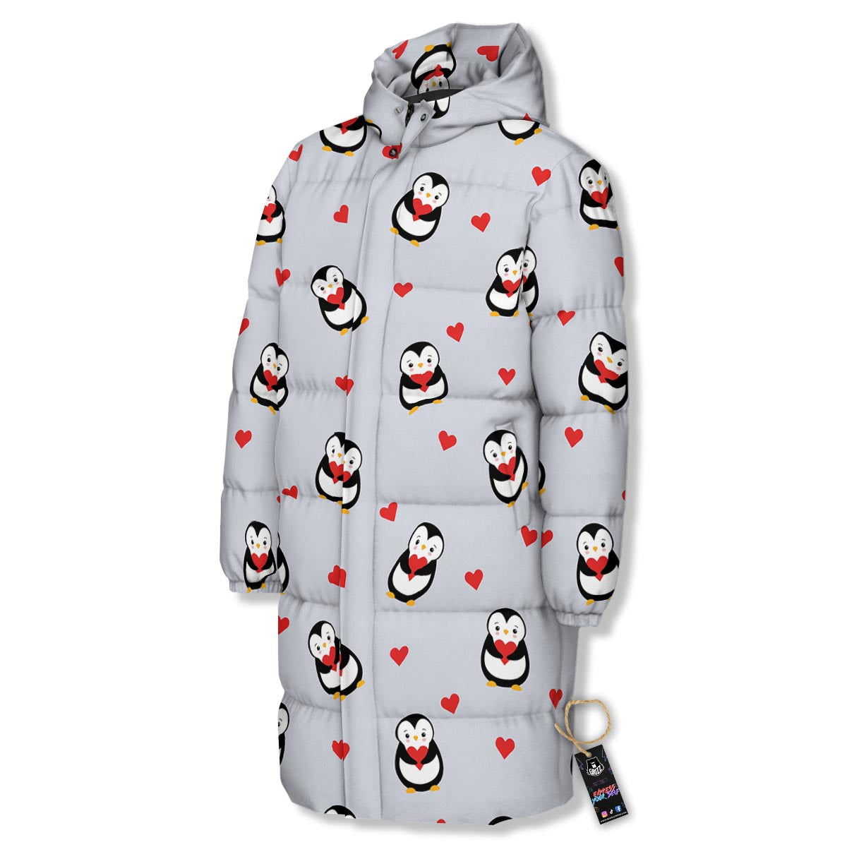 Penguin And Red Heart Print Pattern Long Down Jacket-grizzshop