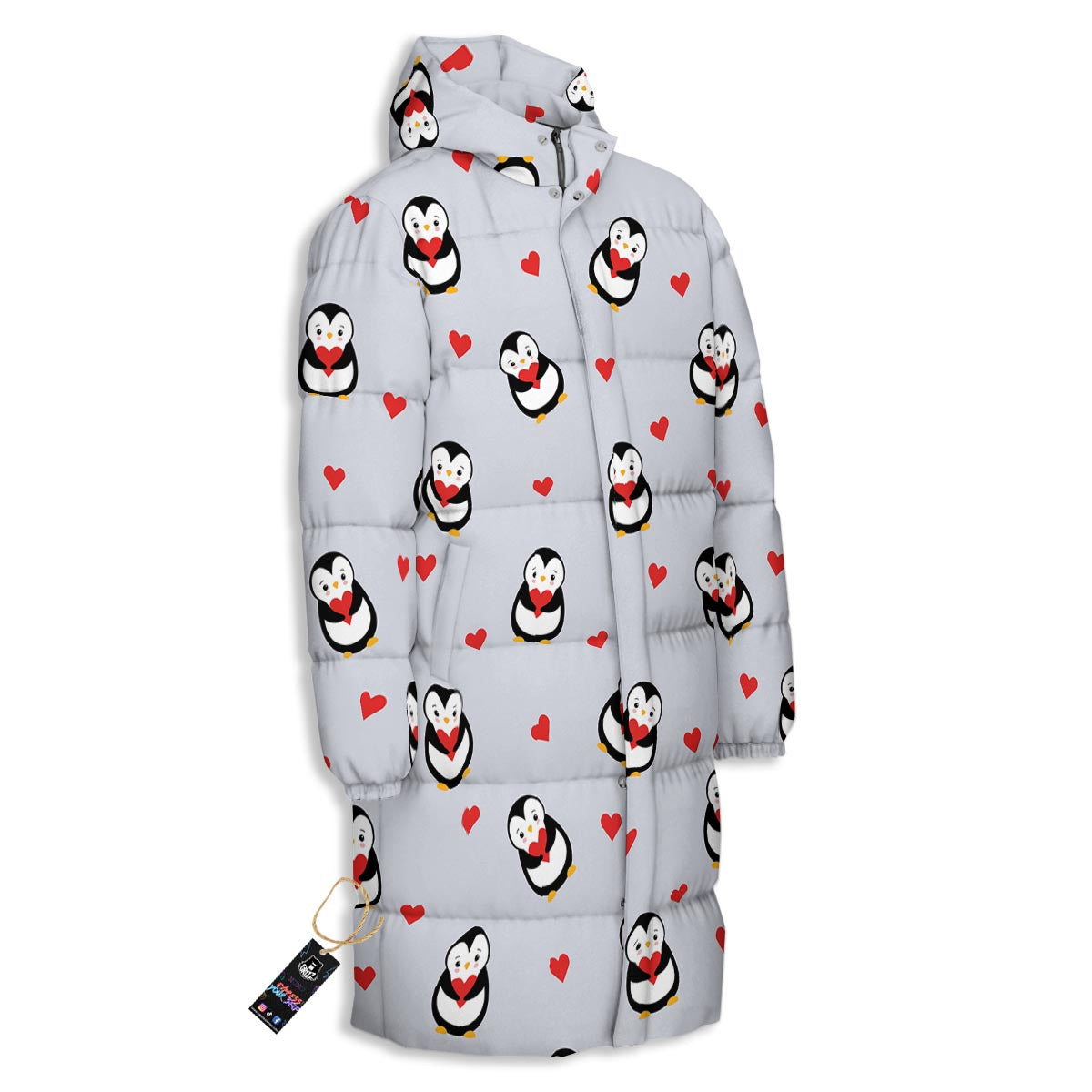 Penguin And Red Heart Print Pattern Long Down Jacket-grizzshop