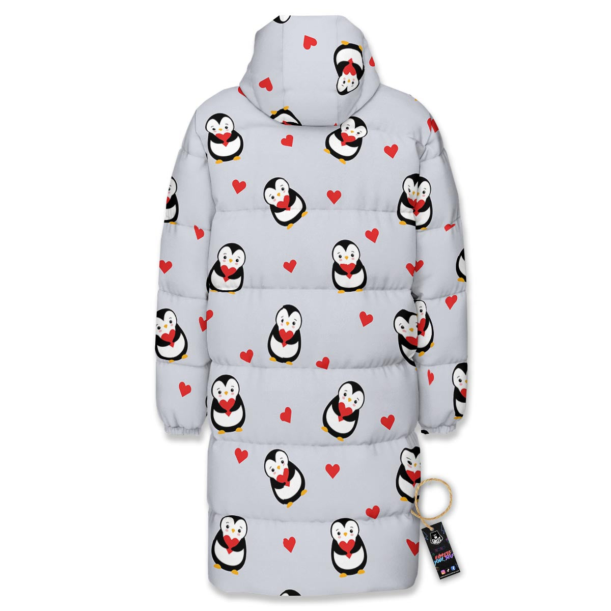 Penguin And Red Heart Print Pattern Long Down Jacket-grizzshop