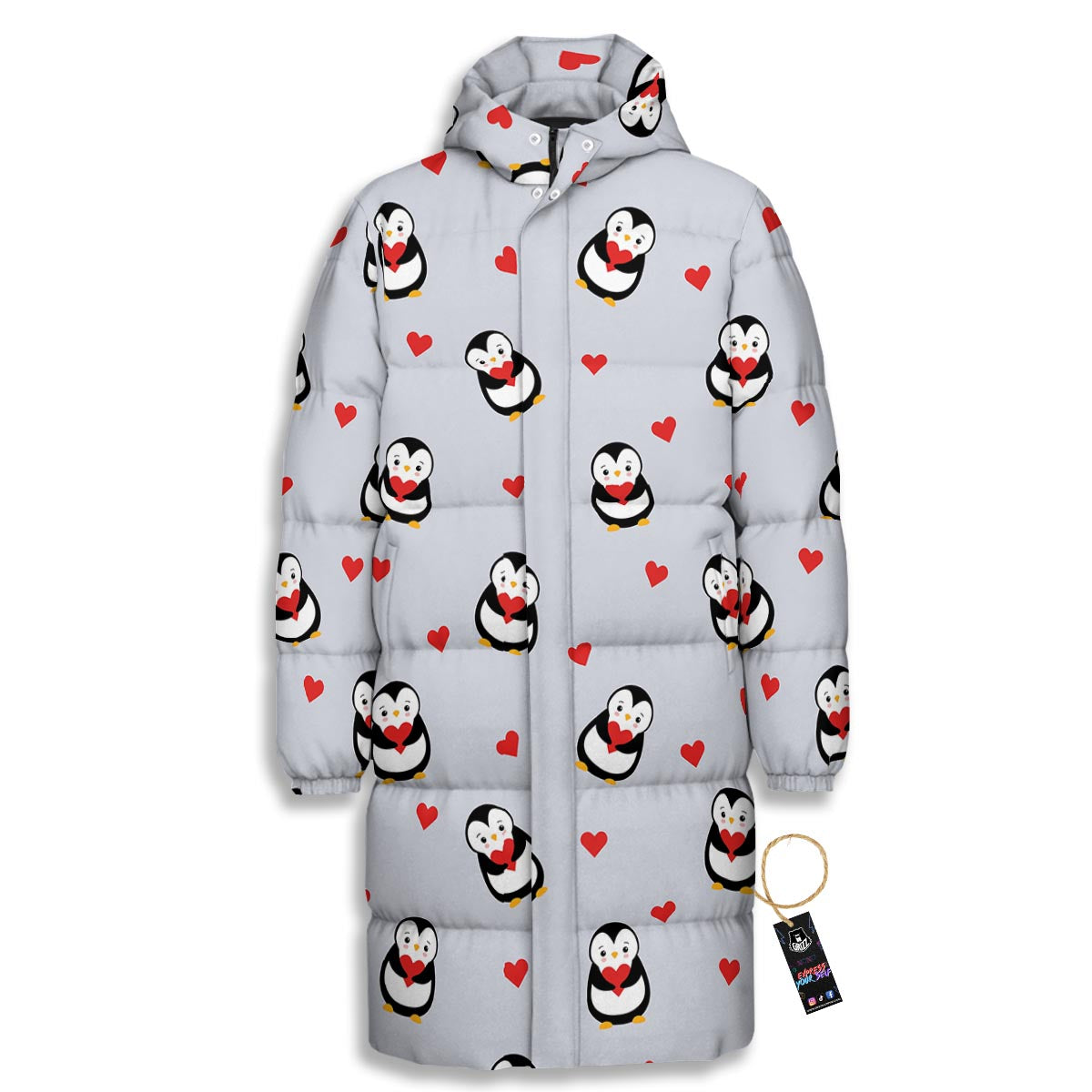 Penguin And Red Heart Print Pattern Long Down Jacket-grizzshop
