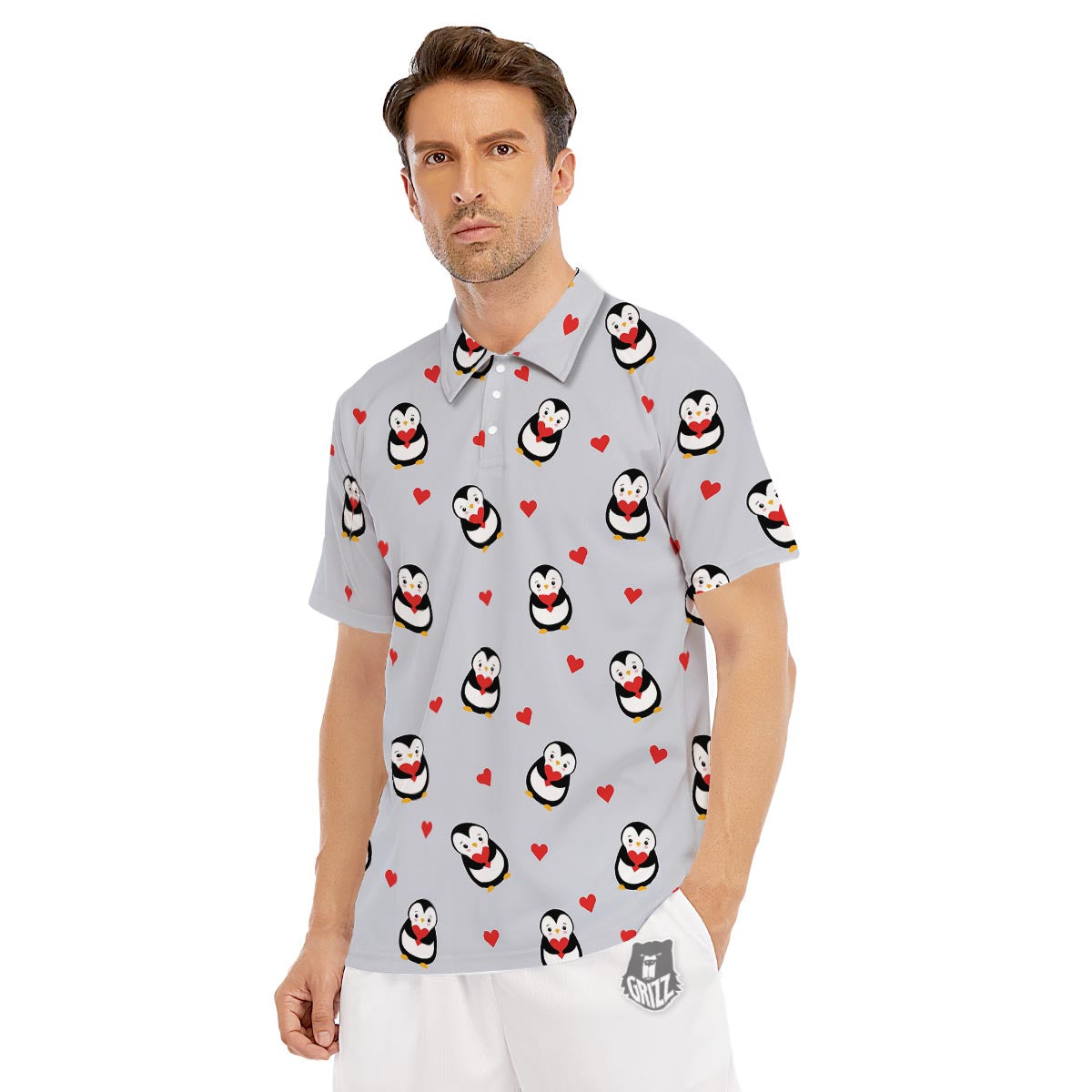 Penguin And Red Heart Print Pattern Men's Golf Shirts-grizzshop