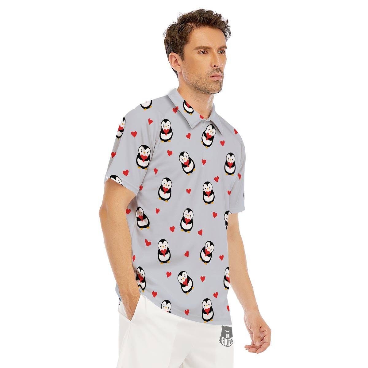 Penguin And Red Heart Print Pattern Men's Golf Shirts-grizzshop