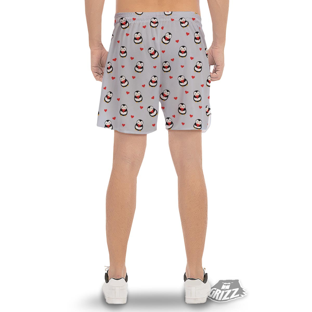 Penguin And Red Heart Print Pattern Men's Gym Shorts-grizzshop