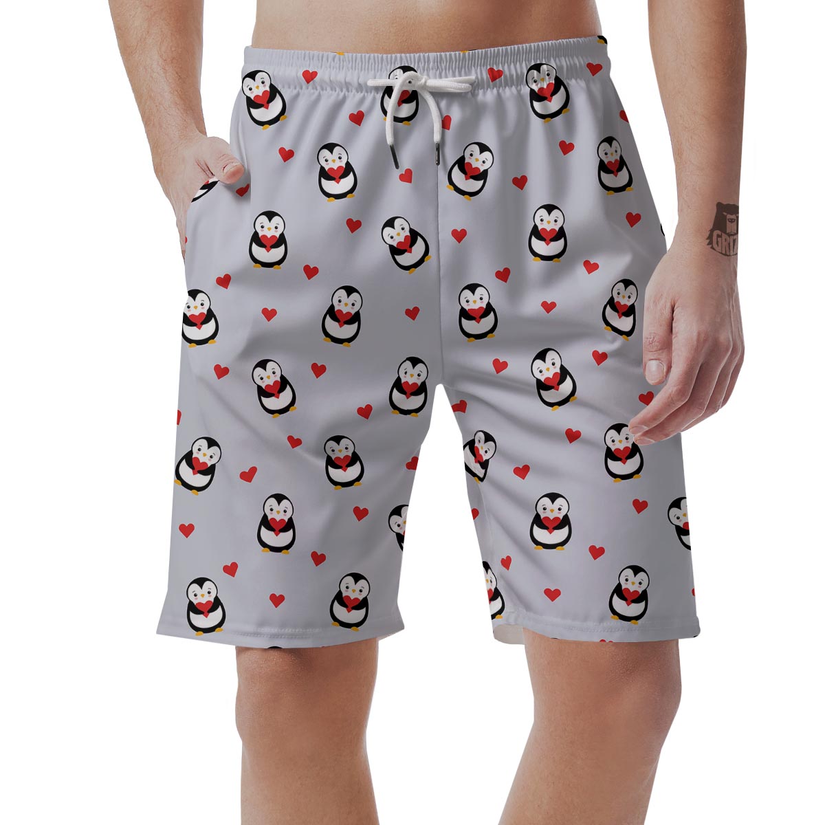 Penguin And Red Heart Print Pattern Men's Shorts-grizzshop