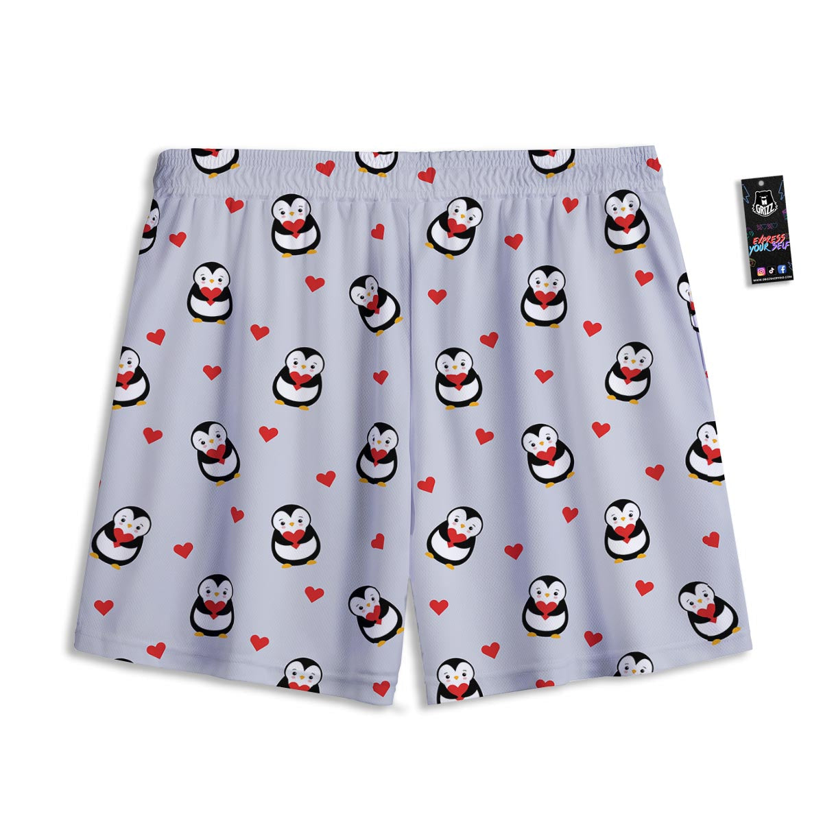 Penguin And Red Heart Print Pattern Mesh Shorts
