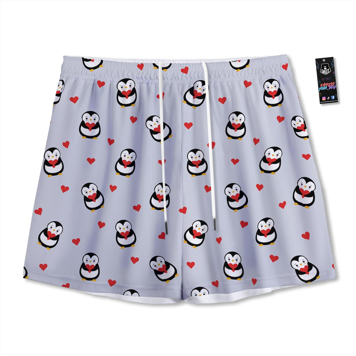 Penguin And Red Heart Print Pattern Mesh Shorts
