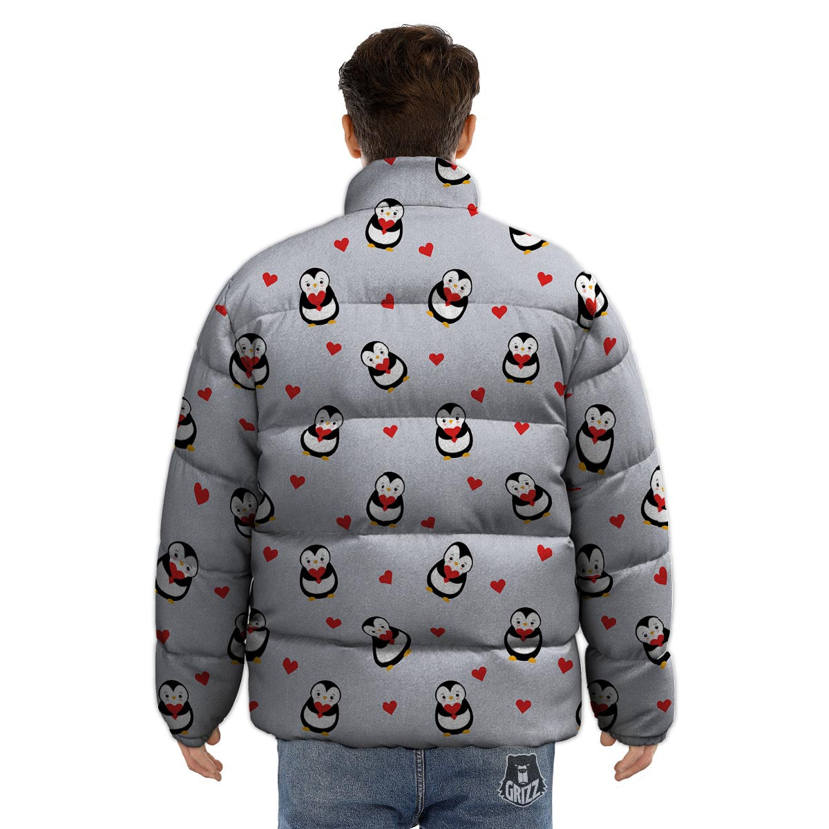 Penguin And Red Heart Print Pattern Puffer Jacket-grizzshop