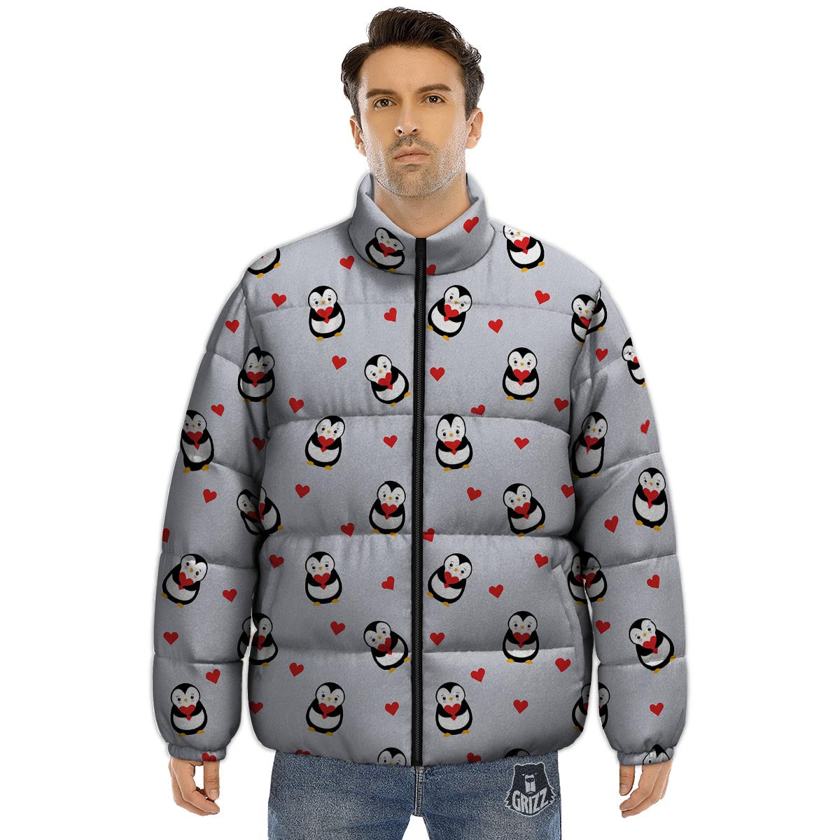 Penguin And Red Heart Print Pattern Puffer Jacket-grizzshop