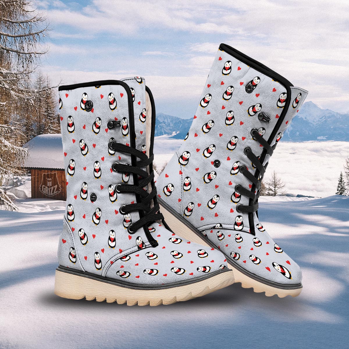 Penguin And Red Heart Print Pattern Snow Boots-grizzshop