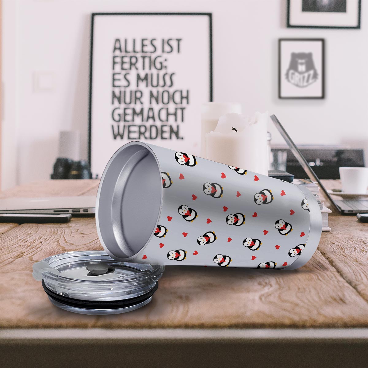 Penguin And Red Heart Print Pattern Tumbler-grizzshop