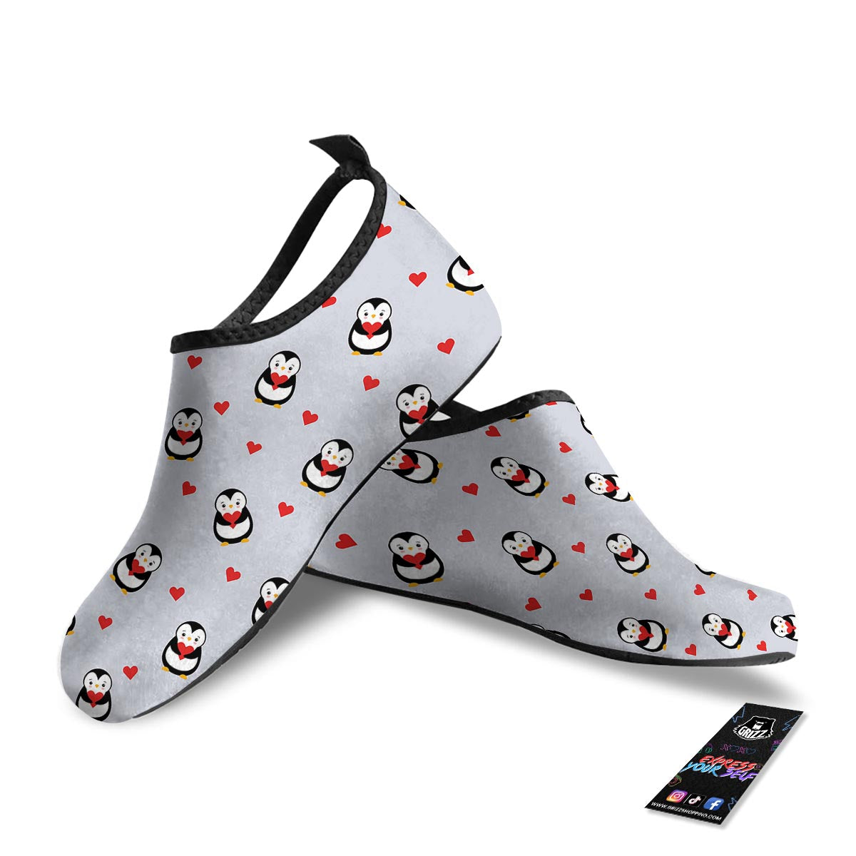 Penguin And Red Heart Print Pattern Water Shoes-grizzshop