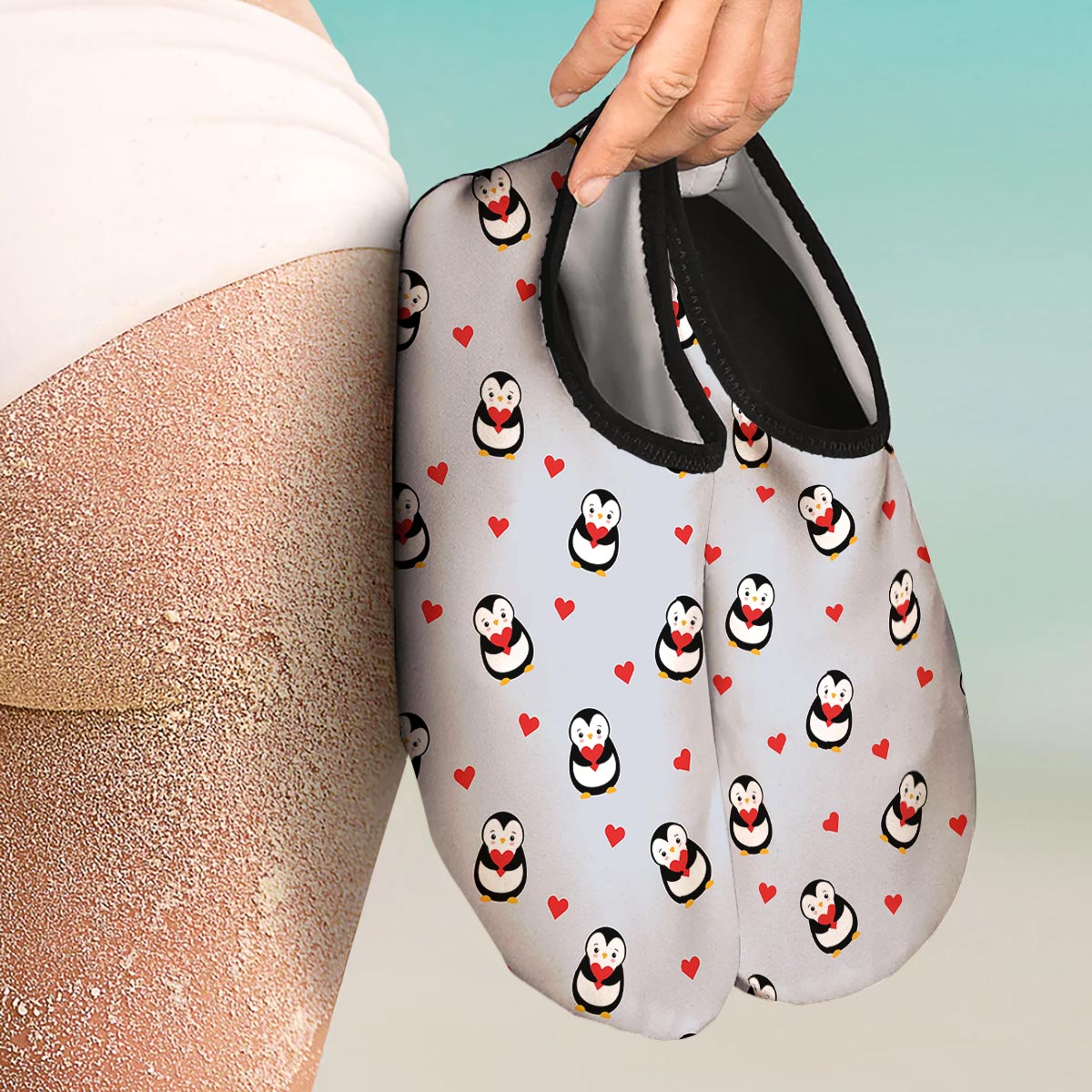 Penguin And Red Heart Print Pattern Water Shoes-grizzshop