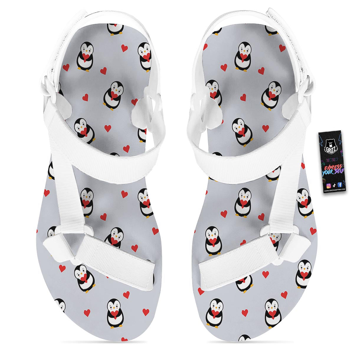 Penguin And Red Heart Print Pattern White Open Toe Sandals-grizzshop
